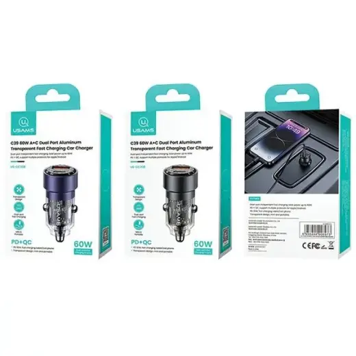 USAMS C39 CC208 automašīnas lādētājs | 60W | USB-A, USB-C | melns Foto 8