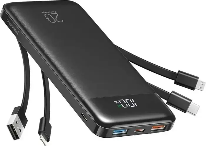 Внешний аккумулятор (powerbank) Charmast W1148 | 10 000 мА·ч | 15 Вт | USB-A, USB-C, Lightning, Micro USB | LED дисплей | черный