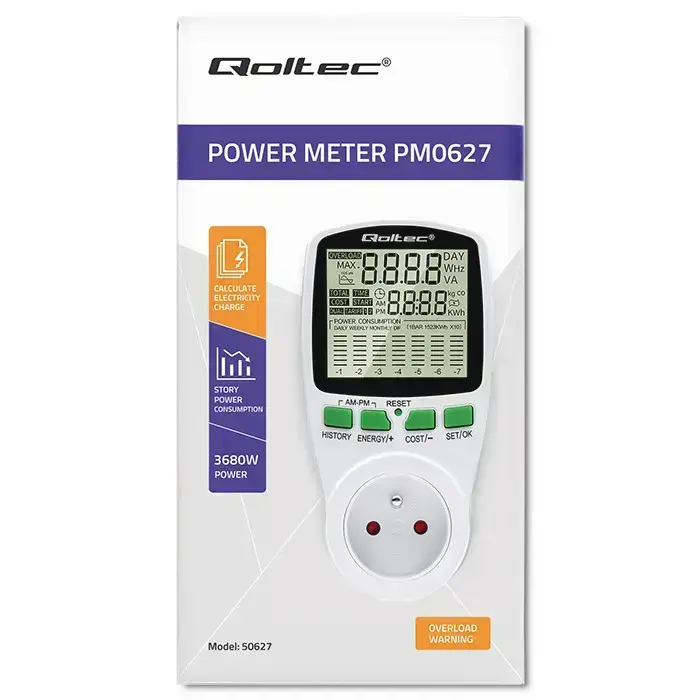 Qoltec Power meter PM0627 with history | 3680W | 16A | LCD Photo