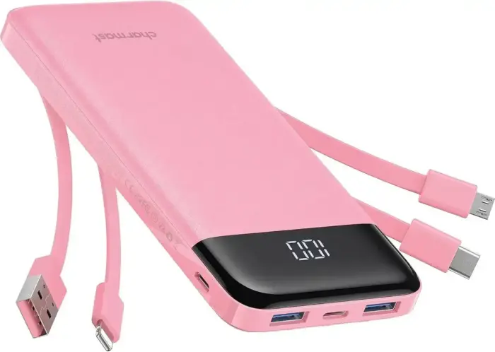 Внешний аккумулятор (powerbank) Charmast W1148 | 10 000 мА·ч | 15 Вт | USB-A, USB-C, Lightning, Micro USB | LED дисплей | розовый