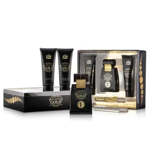 Set New Brand: Gold, Eau De Toilette, For Men, 100 ml + Gold, Eau De Toilette, For Men, 15 ml + Gold, Cleansing, Shower Gel, All Over The Body, All Skin Types, 130 ml + Gold, After-Shave Gel, 130 ml