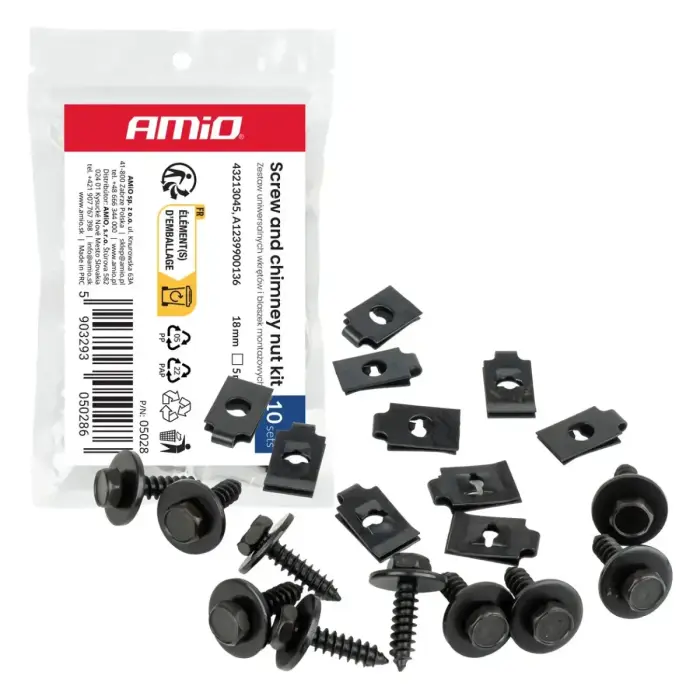 Universal screw and mounting clip set 18 mm ⌀ 5 mm, 10 sets AMIO-05028