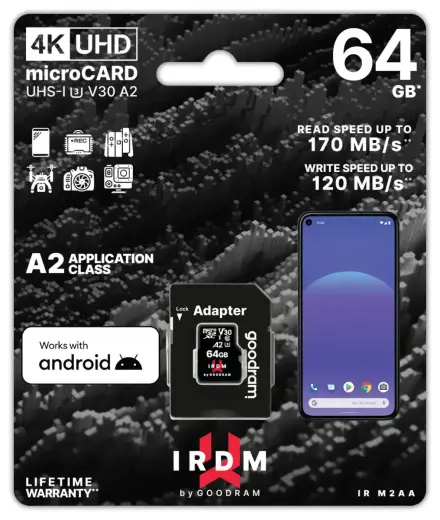 GOODRAM Memory MicroSD Card IRDM - 64GB with adapter UHS I U3 V30 A2 170MB/s Фото num