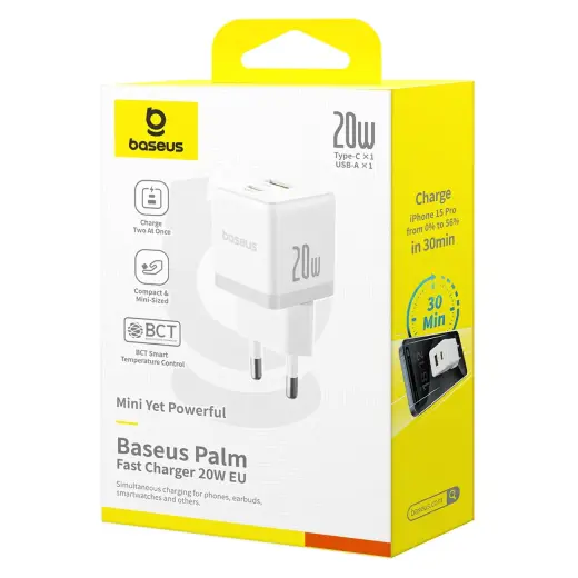 Baseus Palm 20W USB-C USB-A Wall Charger - White Фото num