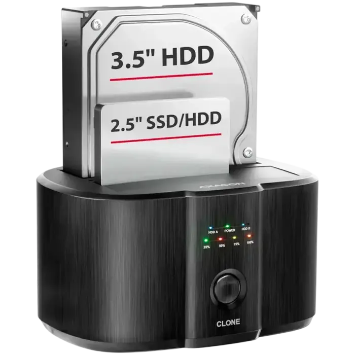 USB-C 5Gbps docking station for 2x 2.5"/3.5" SSD/HDD with disk cloning function without PC
