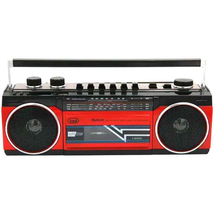 BT Radio Recorder, Cassette player/recorder with automatic recording level and autostop function, 4 band radio MW/FM/SW1-2, USB/SD inputs with playback of MP3 files, Wireless connection to listen to wireless music from Smartphone and Tablet, Red