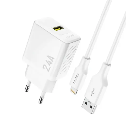 Dudao A23LEU 2.4A GaN EU USB-A Wall Charger with USB-A to Lightning Cable - White