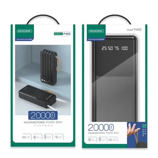 SENDEM P402 ārējais akumulators (powerbank) | 20000 mAh | 12W | USB-C, Lightning, Micro USB, USB-A | melns Foto 4