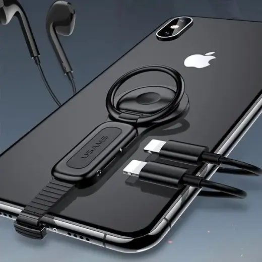 USAMS Adapter AU06 2w1 Lightning - 2 x lightning + ring holder czarny|black SJ274LN01 (US-SJ274) Фото num