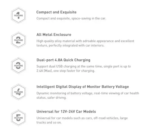 Зарядка для автомобиля Baseus Digital Display Dual USB 4.8A | 24W | USB-A, USB-C, micro USB, Lightning | с кабелем USB-A на USB-C, micro USB, Lightning в комплекте | с LCD дисплеем | черная Фото num