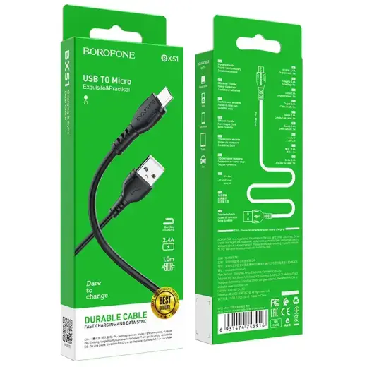 Borofone Cable BX51 Triumph - USB to Micro USB - 2,4A 1 metre black Foto 5