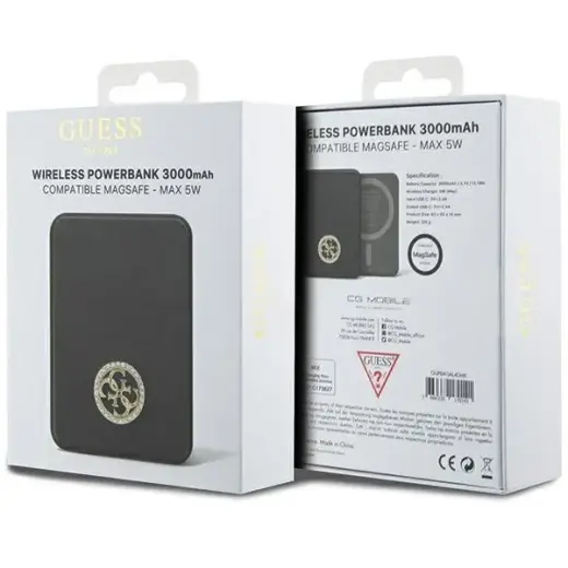 Guess 4G Strassed Metal Logo внешний аккумулятор (powerbank) | 3000 mAh | 5W | USB-C, MagSafe | черный Фото num