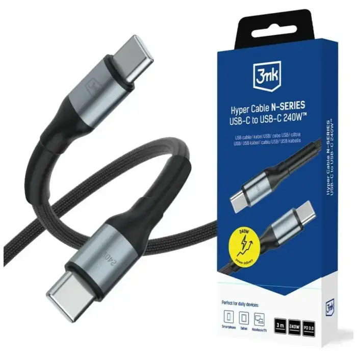3MK Hyper N-SERIES datu pārraides un uzlādes vads | USB-C uz USB-C | 240W | 3m | melns