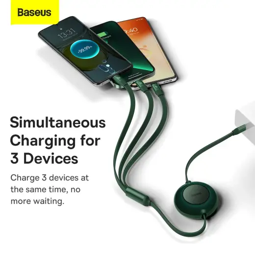 Baseus Bright Mirror 4 3-in-1 провод для передачи данных и зарядки | USB-C на Micro USB, Lightning, USB-C | 100W | 1.1m | зеленый Фото num