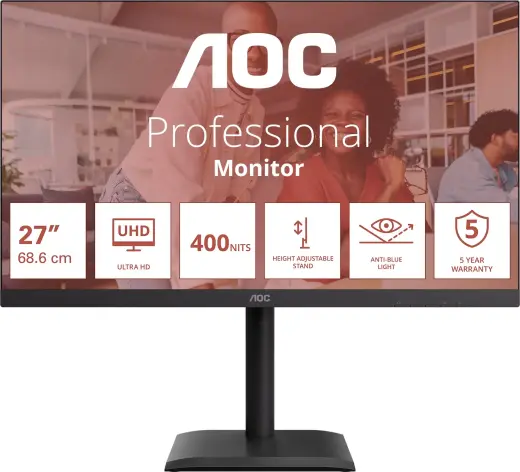 AOC U27E4CV  27 "  IPS  UHD  16:9  60 Hz  4 ms  3840 x 2160 pixels  400 cd|m  HDMI ports quantity 2  Black
