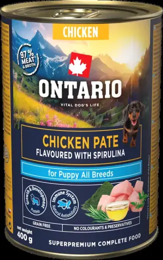 Konservi kucēniem - Ontario Puppy chicken pate with spirulina flavor 400g Foto 2