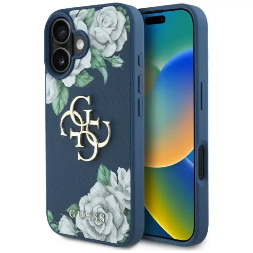 Чехол для телефона Guess Grained Roses Big 4G logo для iPhone 16 синий Фото num