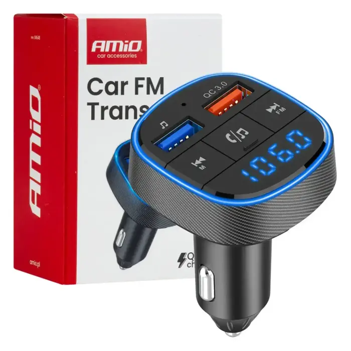 Car FM Transmitter 2×USB-A 12V 24V AMIO-04648