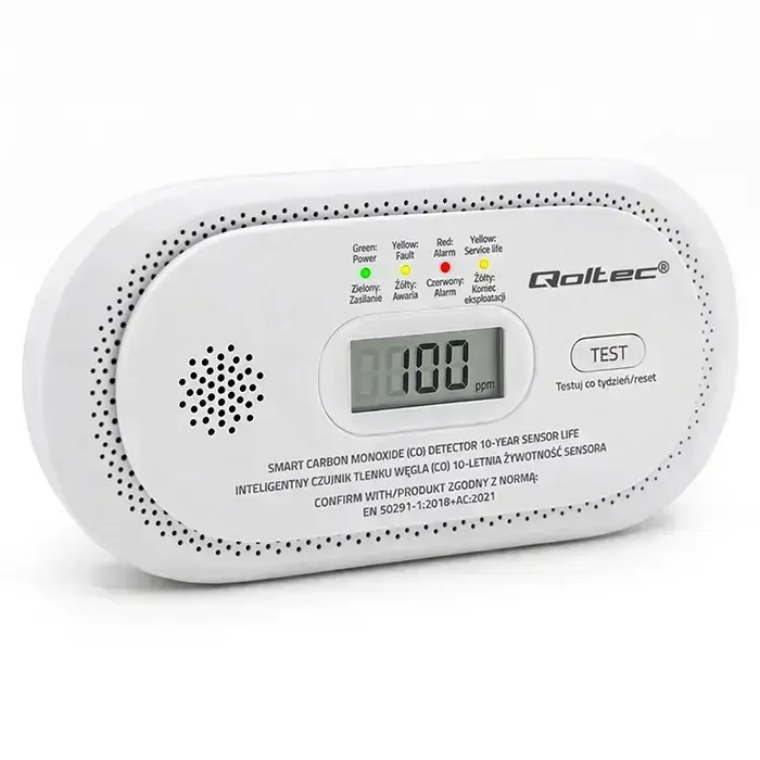 Qoltec Certified Wireless Carbon Monoxide (CO) Detector | CO detector | 10-year sensor life | 85dB alarm | LCD | LEDs