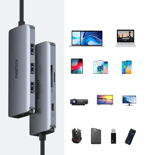 Choetech 7in1 multifunctional USB Type C HUB - 3x USB 3.2 Gen 1 | SD and TF memory card reader | HDMI 4K 30Hz | USB Type C gray (HUB-M19 gray) Фото num