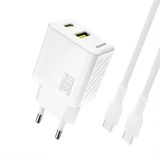 Dudao A27TCEU PD 30W GaN USB-A USB-C Wall Charger with USB-C Cable - White