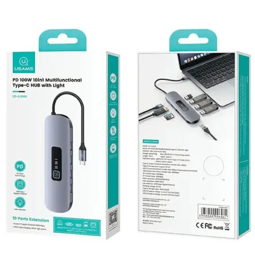USAMS Adapter HUB 10w1 3xUSB 3.0|TF|SD| USB-C|HDMI|RJ45|VGA PD100W szary|tarnish SJ644HUB01 (US-SJ644) Фото num