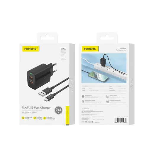 Foneng Wall charger EU63 - 2xUSB - 12W with USB to Type C cable black Foto 5
