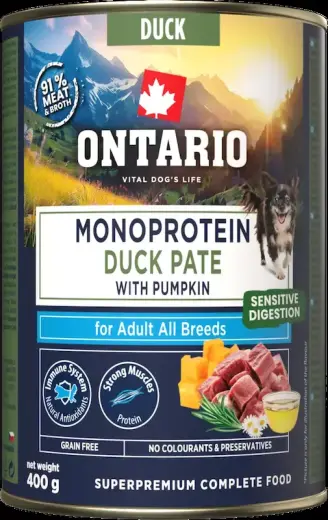 Konservi suņiem - Ontario Adult Monoprotein Duck Pate with Pumpkin 400g Foto 2