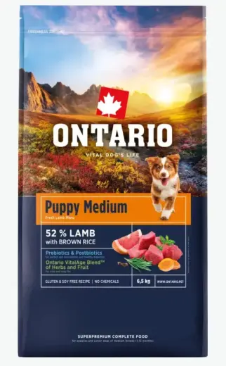 Barība kucēniem – Ontario Puppy Medium, Lamb and Brown Rice, 6,5 kg