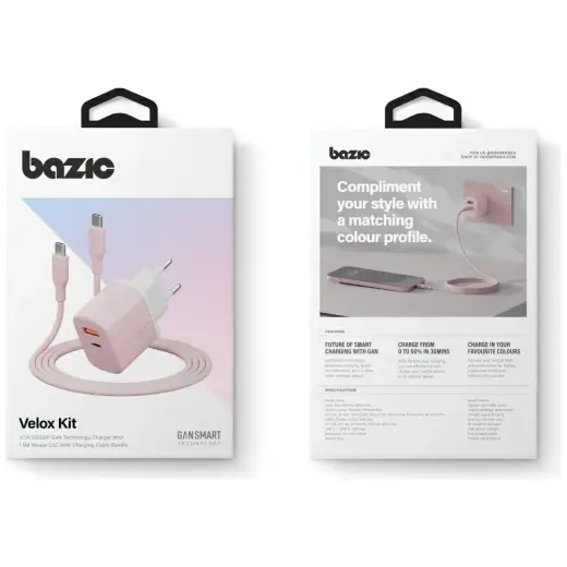 Wall charger Bazic GoPort Velox Kit USB-C|USB-A GaN 35W with cable pink Photo