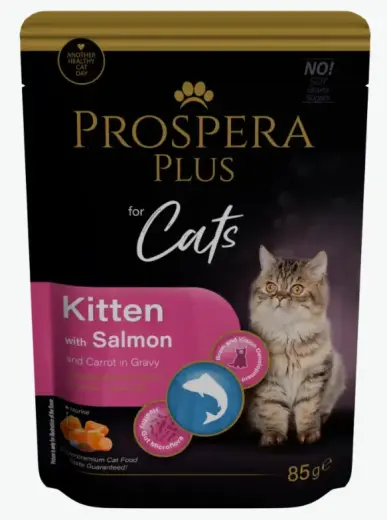 Konservi kaķēniem - Prospera Plus, Cat Pouch Kitten, Salmon and Carrot, 85 g