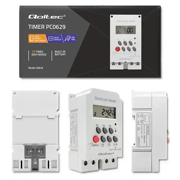Qoltec Electronic timer PC0629 for DIN rail | LCD Фото num