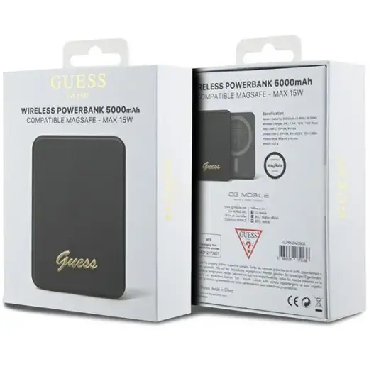 Guess GUPBM5ALGSGK Metal Script Logo ārējais akumulators (powerbank) | 5000 mAh | 15W | MagSafe | melns Foto 5